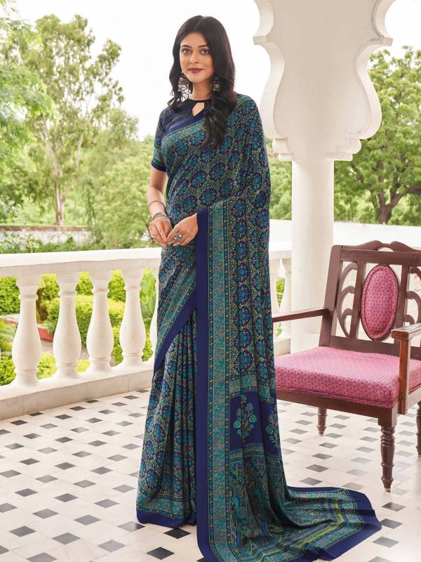 Dark Blue Crepe Silk Digital Print Saree